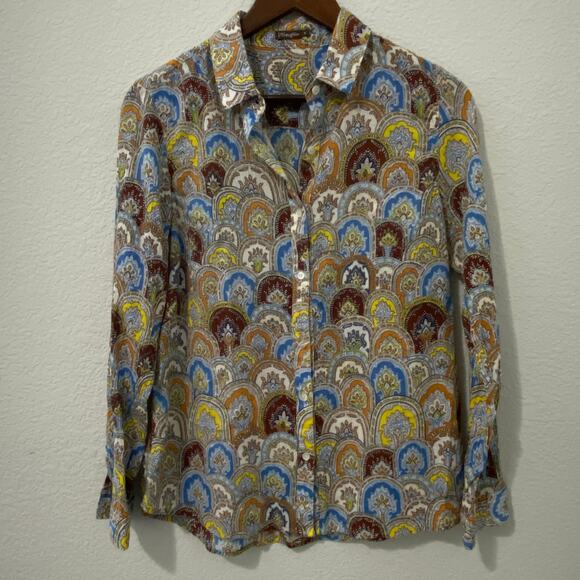 J. McLaughlin Top Womens Size 8 Long Sleeve Button Up Colorful Pattern Paisley - Picture 1 of 7